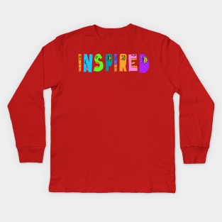 Cute Inspired Motivational Dancing Text Illustrated Letters, Blue, Green, Pink for all inspired people, who enjoy in Creativity and are on the way to change their life. Are you inspired for a Change? To Change yourself and make an Impact. Kids Long Sleeve T-Shirt